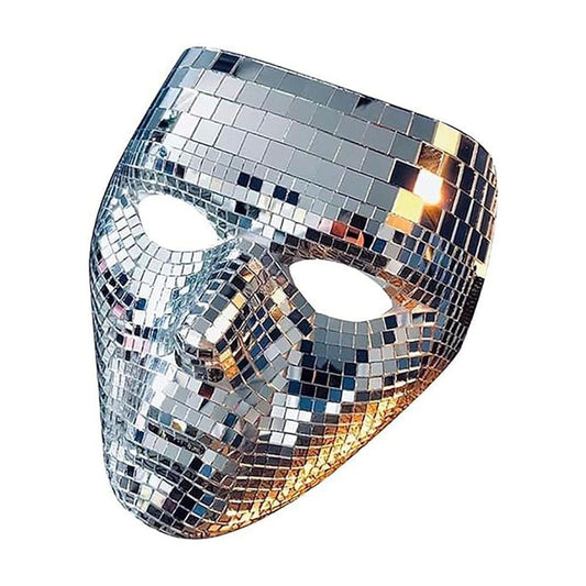 Disco ball glitter face mask with mirrored silver, gold, and blue tiles and eye cutouts.