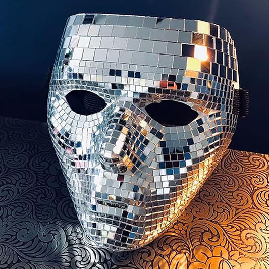 Disco ball glitter face mask with mirrored mosaic tiles and two eye holes.
