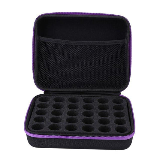 Hard-shell essential oil case with purple trim, open lid and black 30-bottle holder.