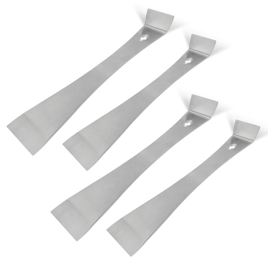 Stainless steel flat pry bar scraper set with four silver blades and hooked ends