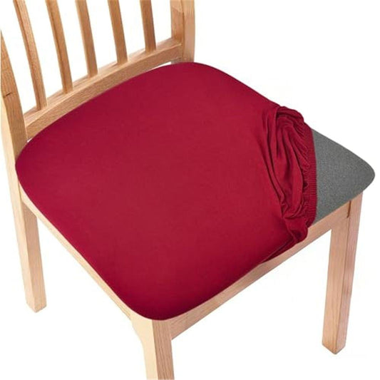 Red stretch chair seat slipcover with gathered elastic underside