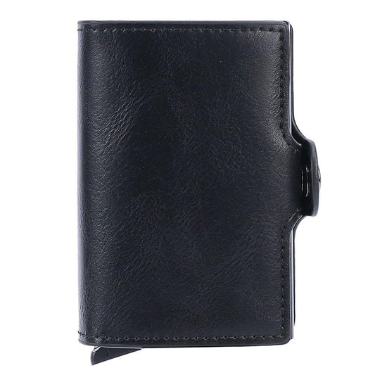Black leather-look card wallet with side pull-tab and stitched edges