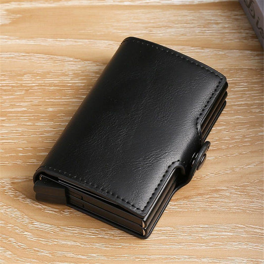 Black slim card wallet, auto pop-up card slots, metal keyring loop at side