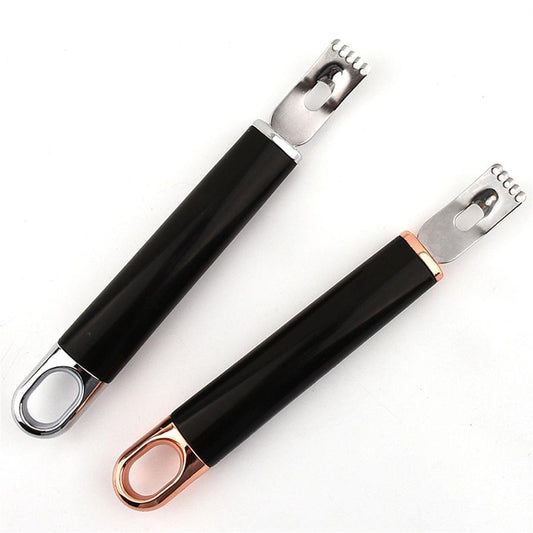 Two-pack citrus peelers with stainless steel blades, black handles and hanging loops