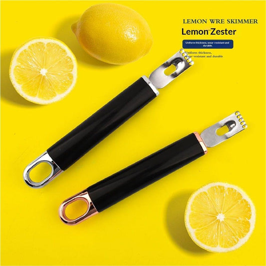 Lemon zester peeler set with black handles and stainless steel blade, rust accent rings