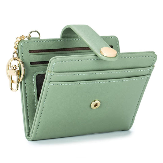 Green slim bifold wallet with card slots, ID window, and zipper coin pocket