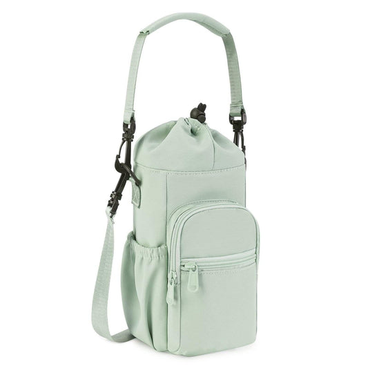 Light green insulated water bottle sling bag with shoulder strap and front zip pocket
