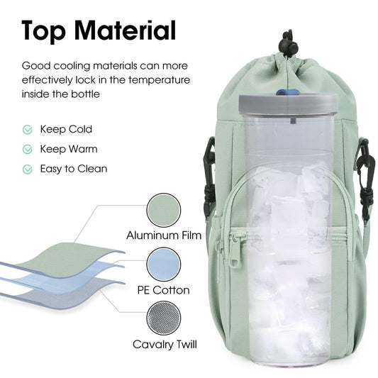 Light green insulated water bottle sling bag with drawstring top and inner lining compartment