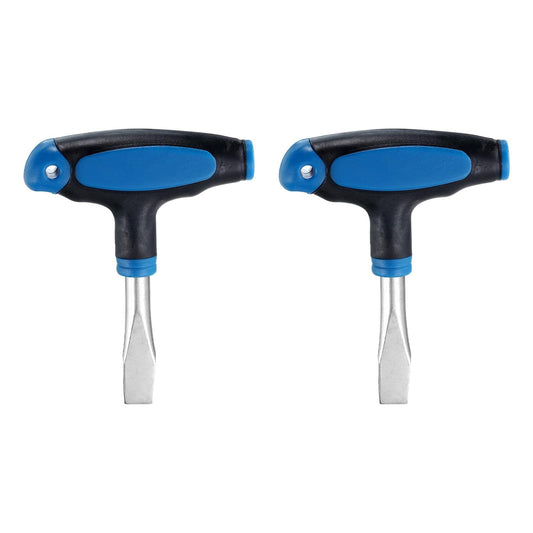 Flat head slotted screwdriver with blue/black plastic T-handle and steel shaft