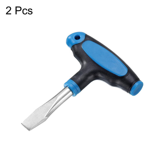 Two flat head slotted screwdrivers with blue-black T-handle and steel flat tips