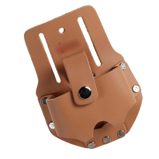 Brown leather heavy-duty tool pouch with belt clip, rivets, and open side slots