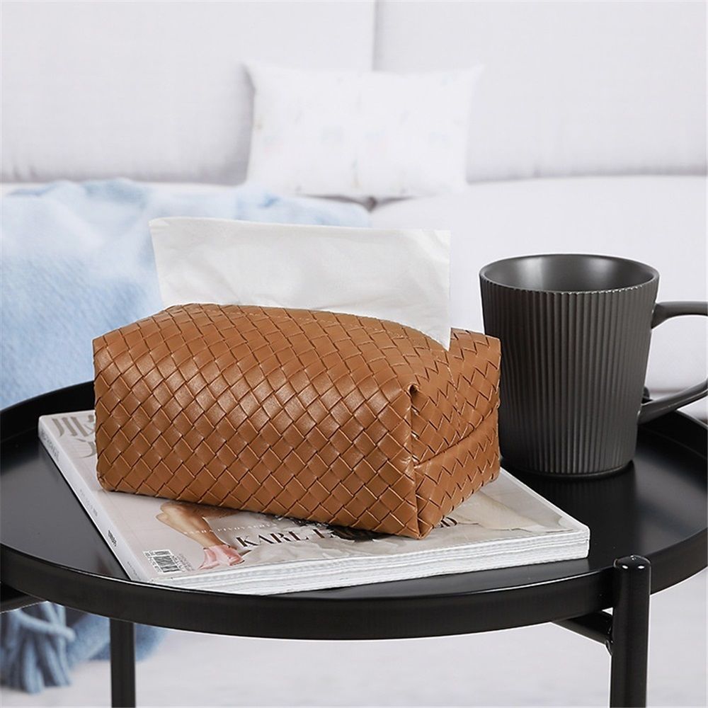 Aesthetic Rectangle Tissue Box Cover, High Flat Box Tissues Holder Rectangular, Woven Textured,Orange coffee color（Only tissue box）