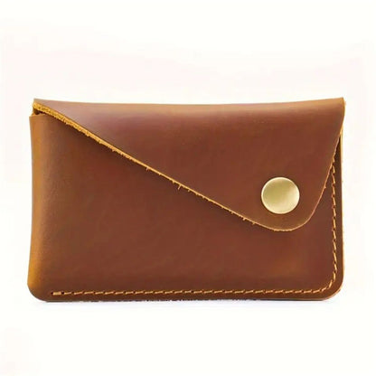 Handmade Grain Leather Card Wallet - Hand Stitched Rounded Corner Card Holder, Slim Snap Closure Minimalist Card Case Artisan Crafted Wallet (Brown)