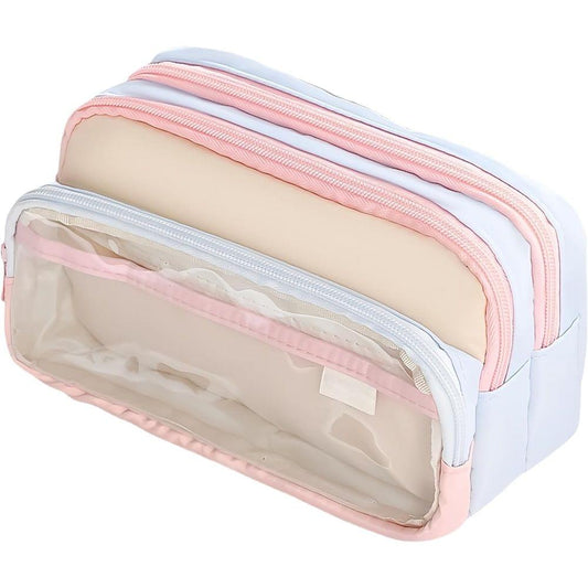 Transparent 4-layer pencil case, pink and light blue, with three zip pockets