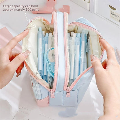 4-Layer Transparent Large Capacity Pencil Case - Aesthetic Style Makeup & Supplies Organizer Pouch (Pink blue)