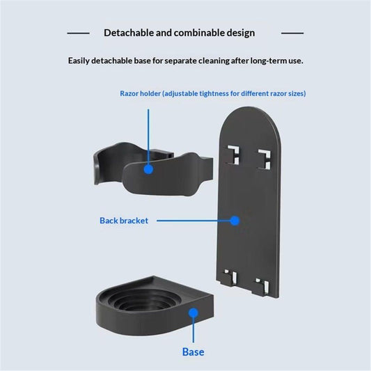 Black detachable razor holder base and back bracket shown in exploded view