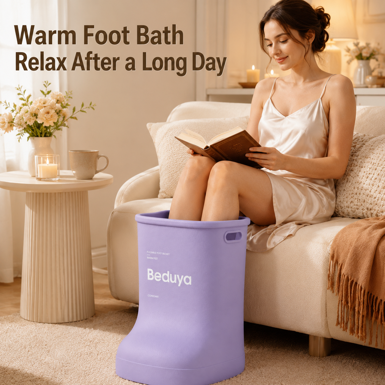 EVA Foot Soaking Bucket with Massage Bottom, Deep Calf Foot Bath Tub for Home Spa, Insulated Warm Foot Soak Basin with Handles, Lightweight Portable Foot Spa Bucket for Adults (Lavender Purple)