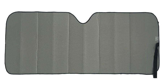 Matt grey car sun shade, rectangular with rounded corners and vertical stitched panels.