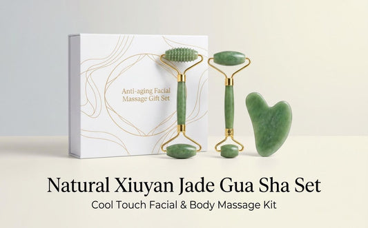 Jade roller and gua sha massage set with green tools and gold-toned metal on box