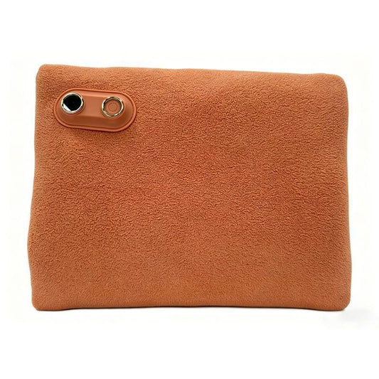 Orange plush hand warmer pouch with two round metal charging ports