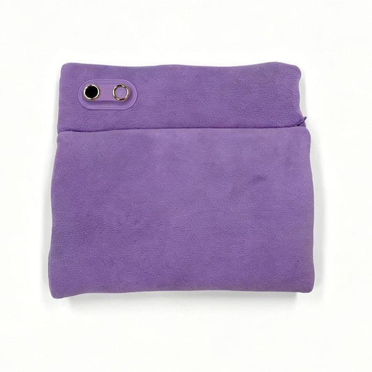 Purple fabric hand warmer pouch with two button-style openings at top