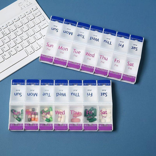 14-grid pill box with blue lid, purple base, and labeled daily compartments