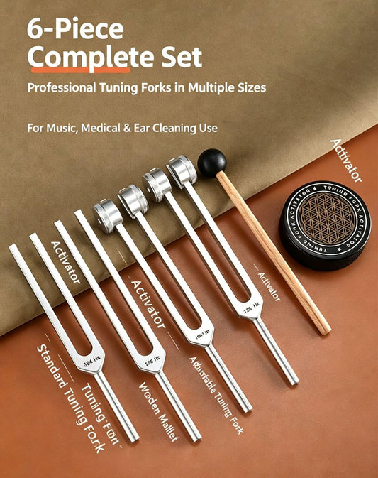 Tuning fork set with wooden-handled forks and black activator disc
