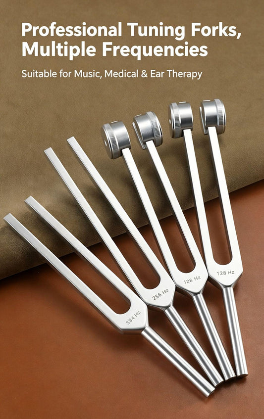 4-piece metal tuning fork set, silver forks with frequency stamps on handles