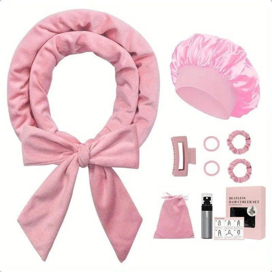Pink no-heat hair curler set with satin bonnet, clips, and pins