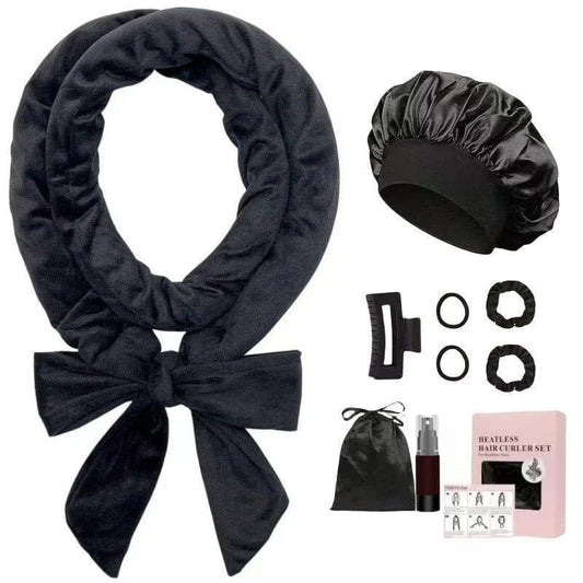 Sleep hair curler set with bow scarf and rollers, dark fabric, 9 pieces