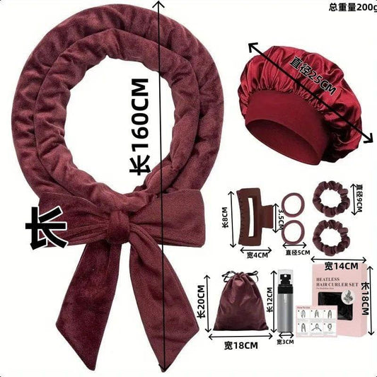Sleep hair curler set with bow scarf and rollers, maroon fabric, 9 pieces