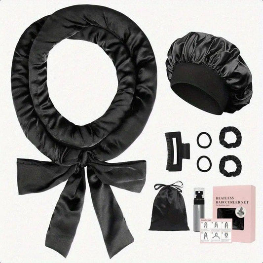 Black satin sleep hair curler set: donut, bow headband, hair curlers, spray