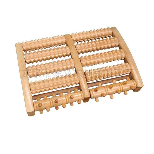 5-row wooden foot roller massager with five rows of raised rollers