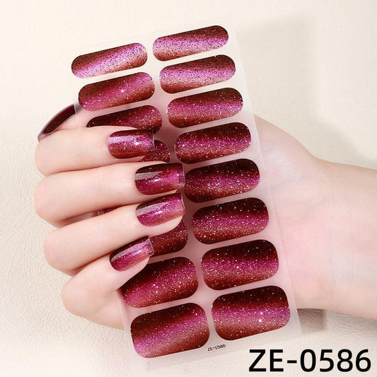 Glitter nail polish stickers, dark pink-magenta, on nail shape sheet
