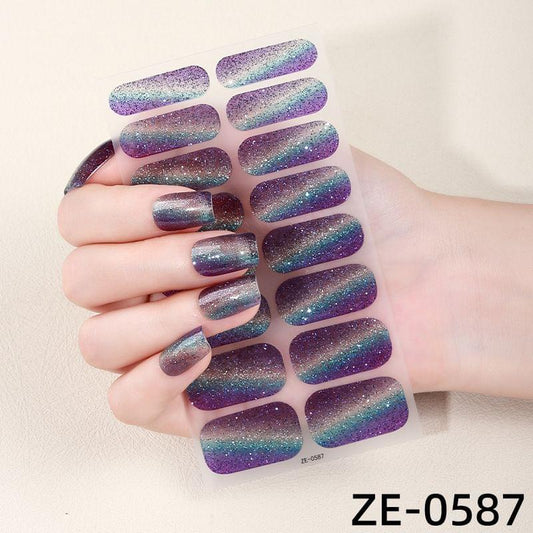 Nail polish film nail stickers, iridescent purple glitter tips on sheet