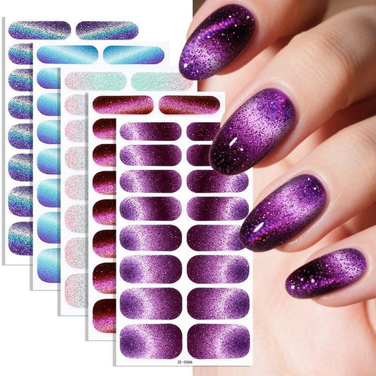 Nail polish film nail stickers set with purple and blue glitter gradient nail strips