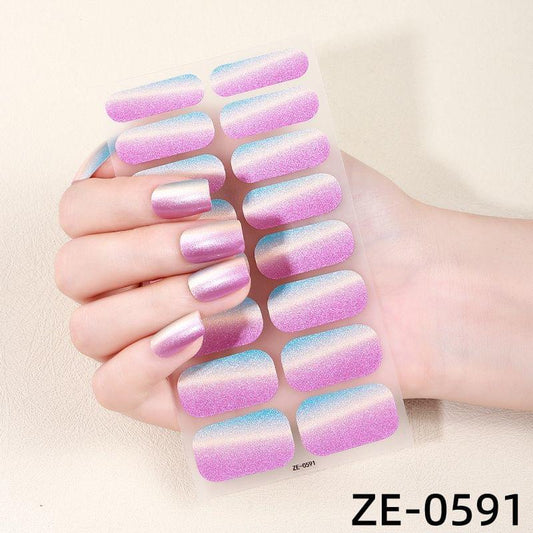Iridescent glitter nail stickers, purple and blue gradient on curved nails