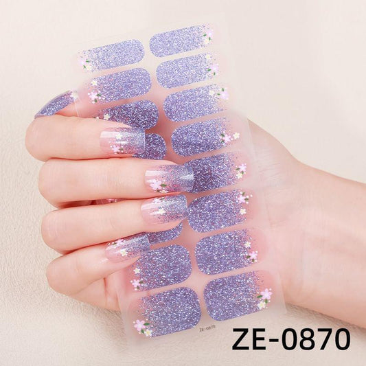 Glitter nail sticker set with lavender glitter strips on nails