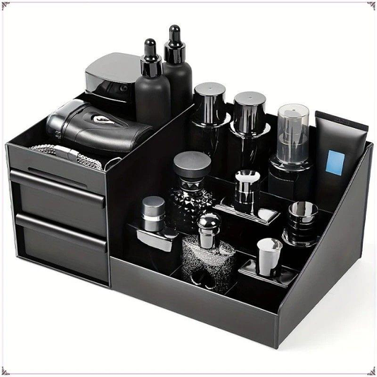 Black acrylic grooming organizer with two drawers and open compartments for bottles