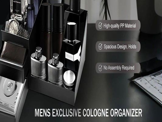 Black acrylic grooming organizer with divided compartments holding skincare bottles and tools