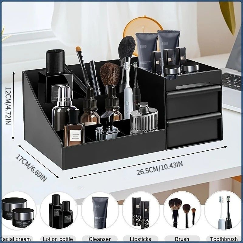 Black Mens Wash Bag & Vanity Organiser | 2 Drawer Acrylic Bathroom Storage for Grooming & Skincare