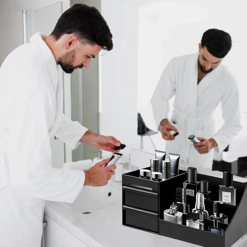 Black Mens Wash Bag & Vanity Organiser | 2 Drawer Acrylic Bathroom Storage for Grooming & Skincare