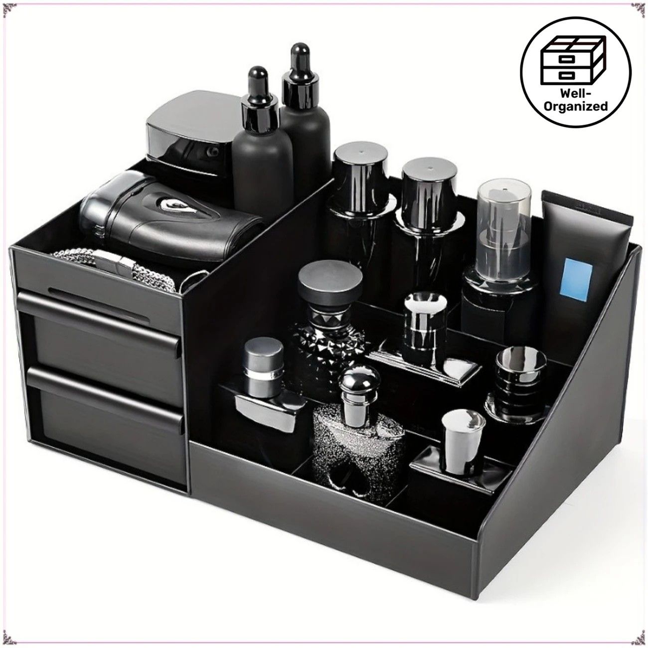 Black Mens Wash Bag & Vanity Organiser | 2 Drawer Acrylic Bathroom Storage for Grooming & Skincare