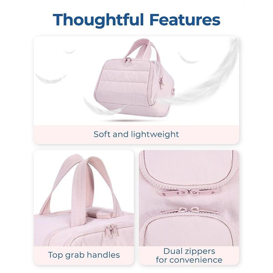 Pink quilted travel toiletry bag with dual zippers and top grab handles