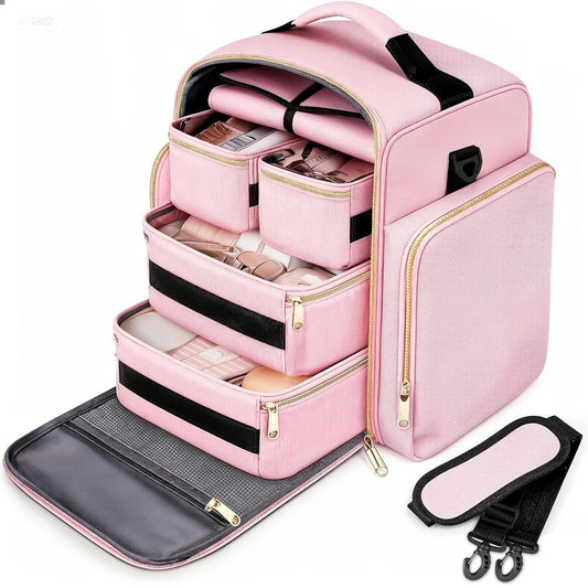Pink travel makeup bag opened to show multiple compartments, inner pouches, and detachable sections