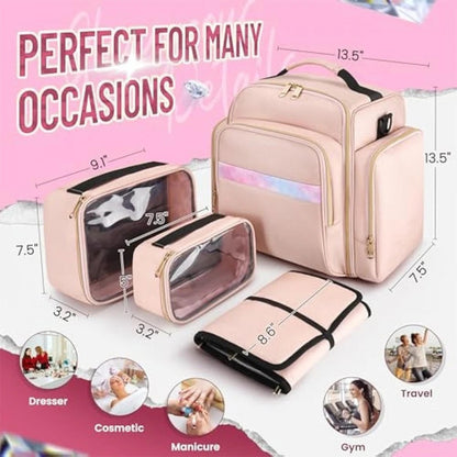 1pc Complete Travel Makeup Bag Set, Pink, Large Capacity Cosmetic Organizer with Detachable Pouch, Jewelry Storage Case