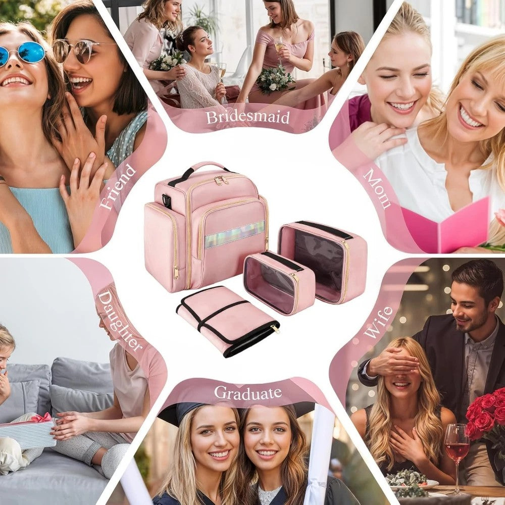 1pc Complete Travel Makeup Bag Set, Pink, Large Capacity Cosmetic Organizer with Detachable Pouch, Jewelry Storage Case