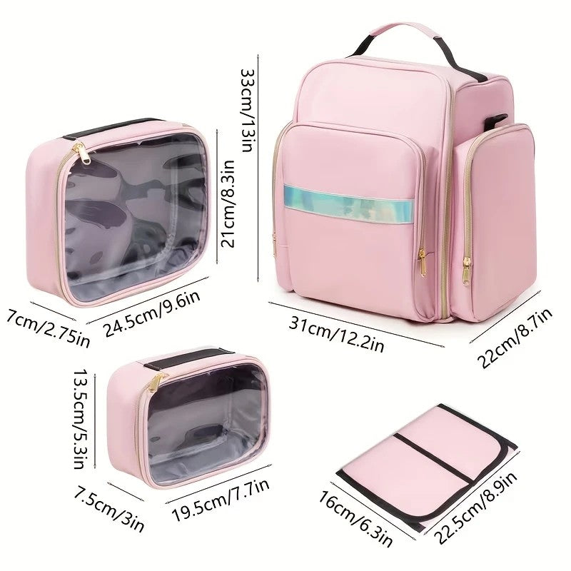 1pc Complete Travel Makeup Bag Set, Pink, Large Capacity Cosmetic Organizer with Detachable Pouch, Jewelry Storage Case