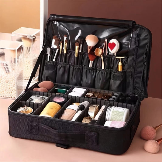 Black makeup case opened to show brush holders, storage pockets, and compact makeup compartments