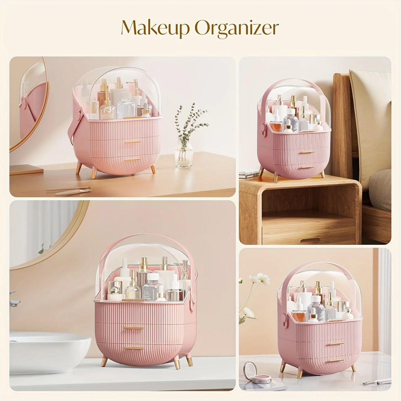 Transparent Flip-top Cosmetic Storage Box: Dustproof, Waterproof, Multi-layer Drawer Organizer, Portable Storage Essential for Desktop and Bathroom.pink
